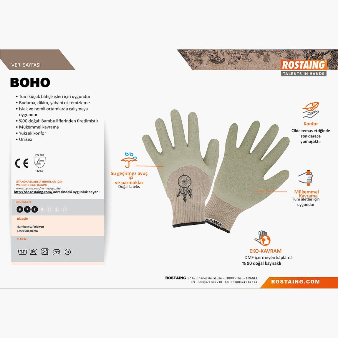 Rostaing BOHO-IT07 Hafif Bahçe İşleri Eldiveni No:7