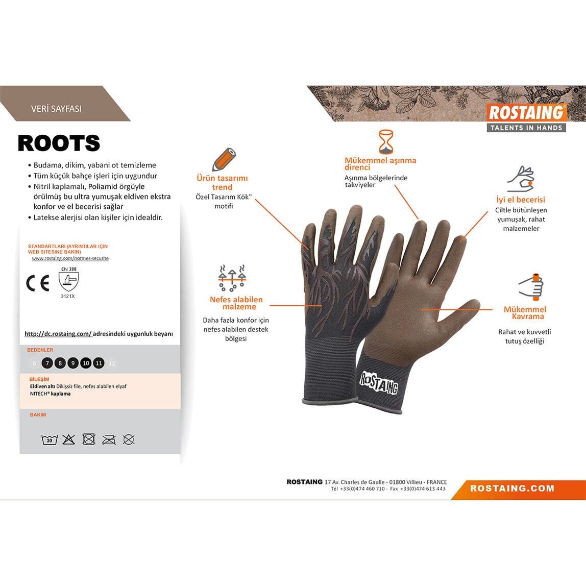 Rostaing ROOTS-IT07 Bahçe, Saksı Dikim ve Yabani Ot Eldiveni No:7